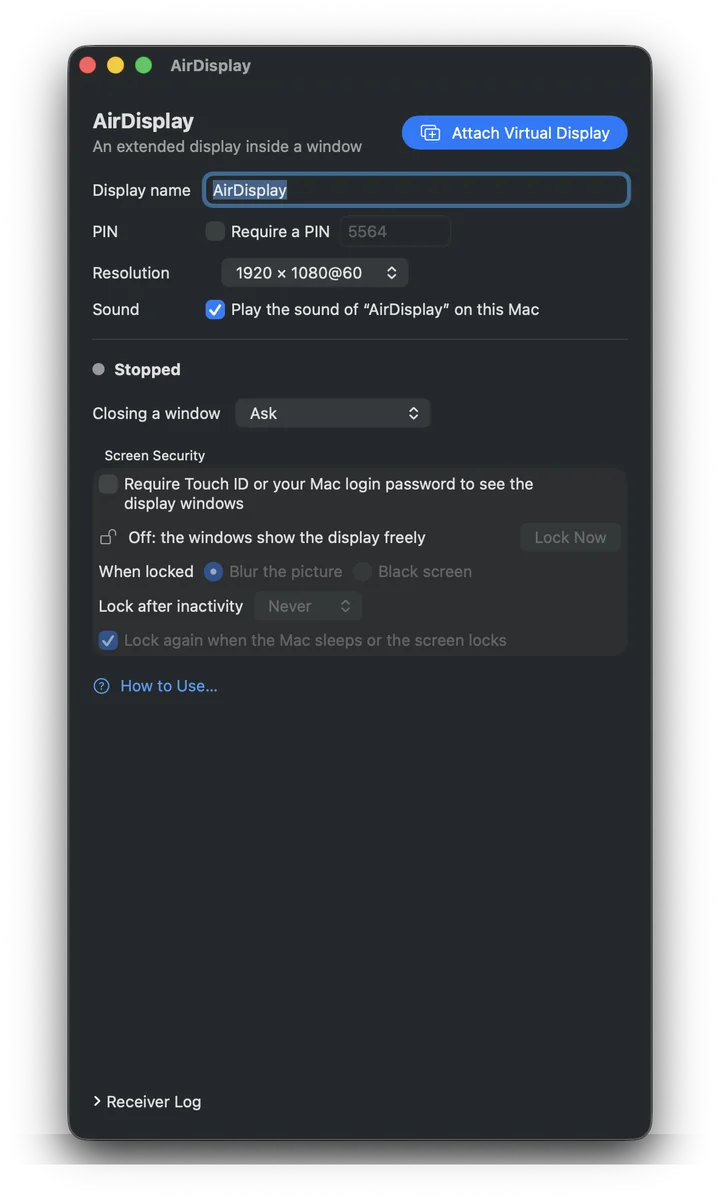 AirDisplay Control Panel with display name, PIN, resolution, sound and screen security settings