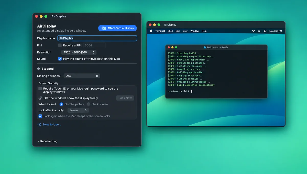 An extra display window running a terminal build