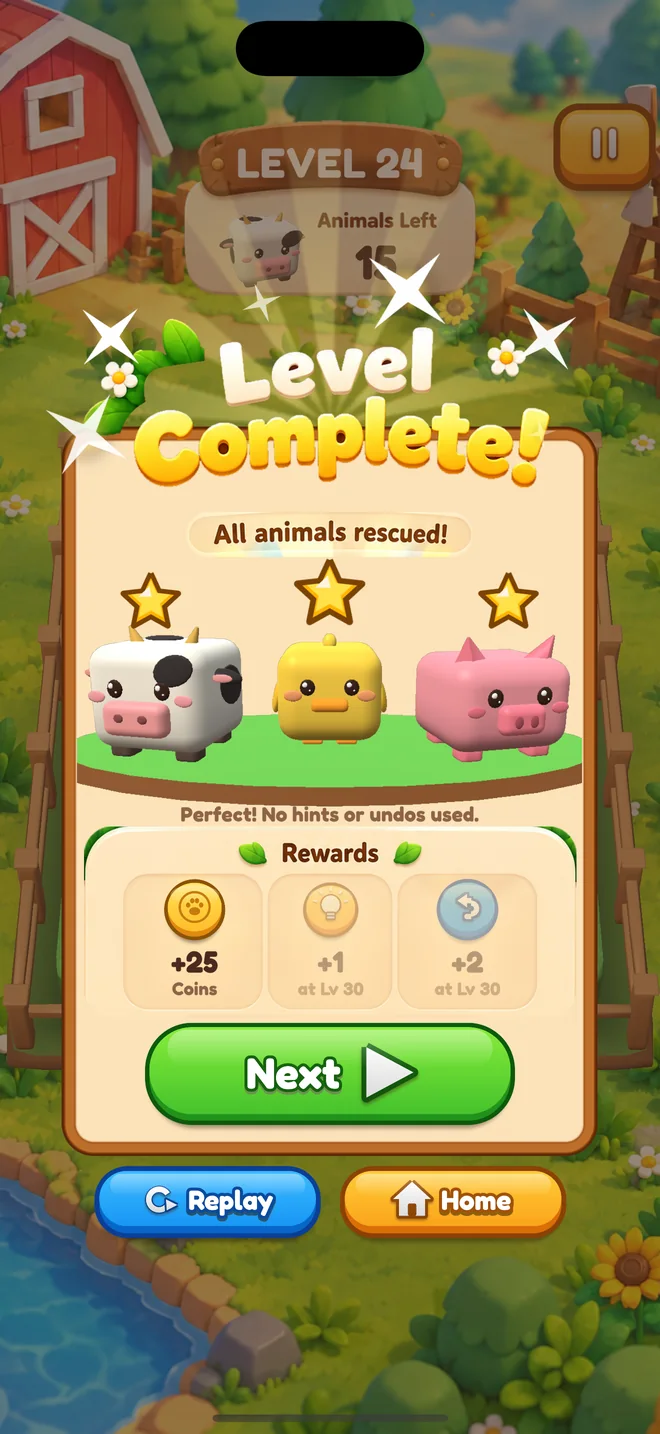 Level complete screen with three stars
