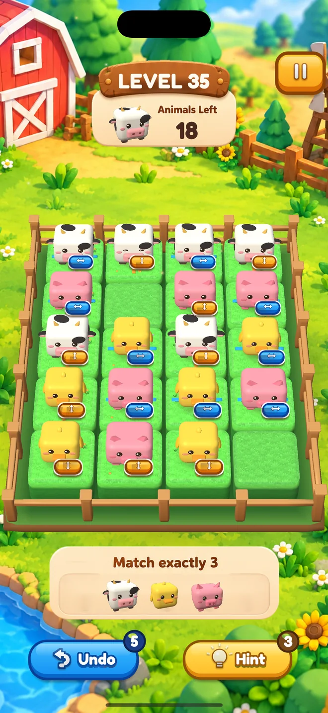 AniMatch 3 farm level with cube animals