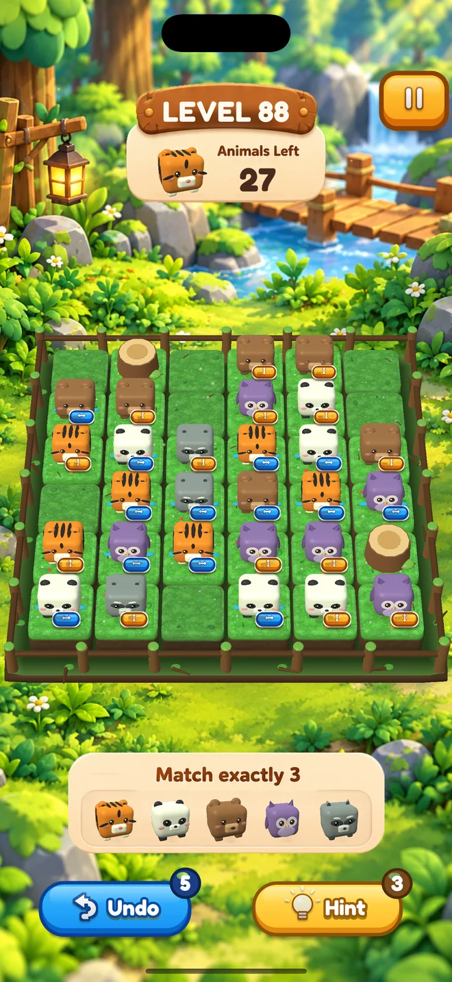 Forest level with tigers, owls and stumps