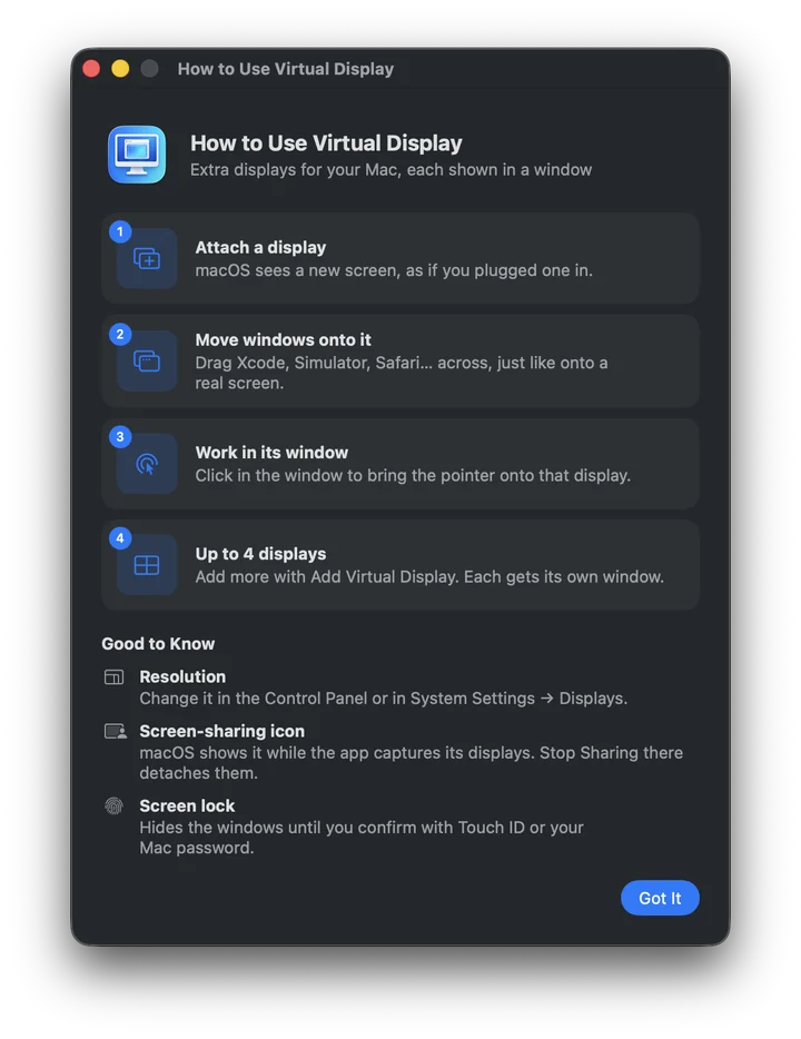 The in-app How to Use Virtual Display guide