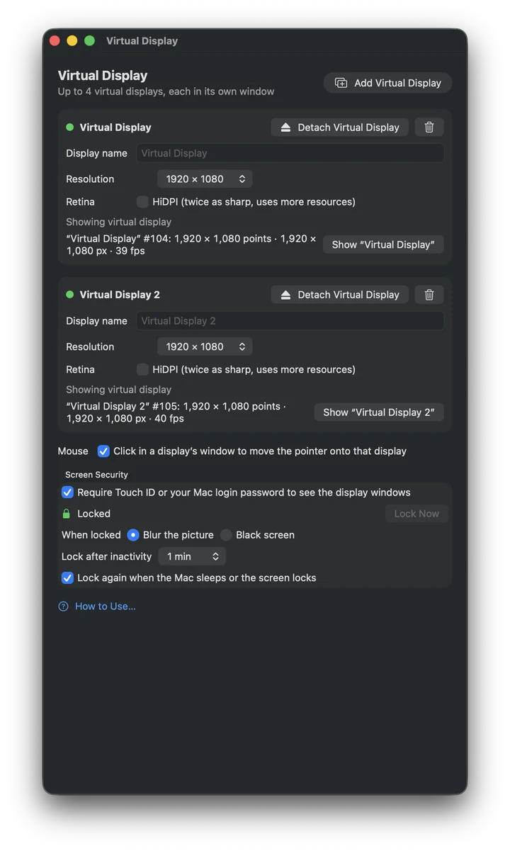 Control Panel with per-display name, resolution, Retina and screen security settings