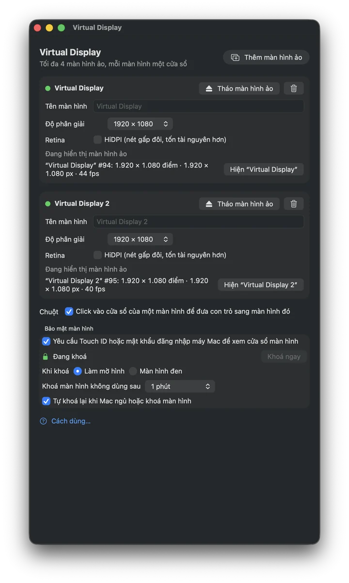 Control Panel with per-display name, resolution, Retina and screen security settings