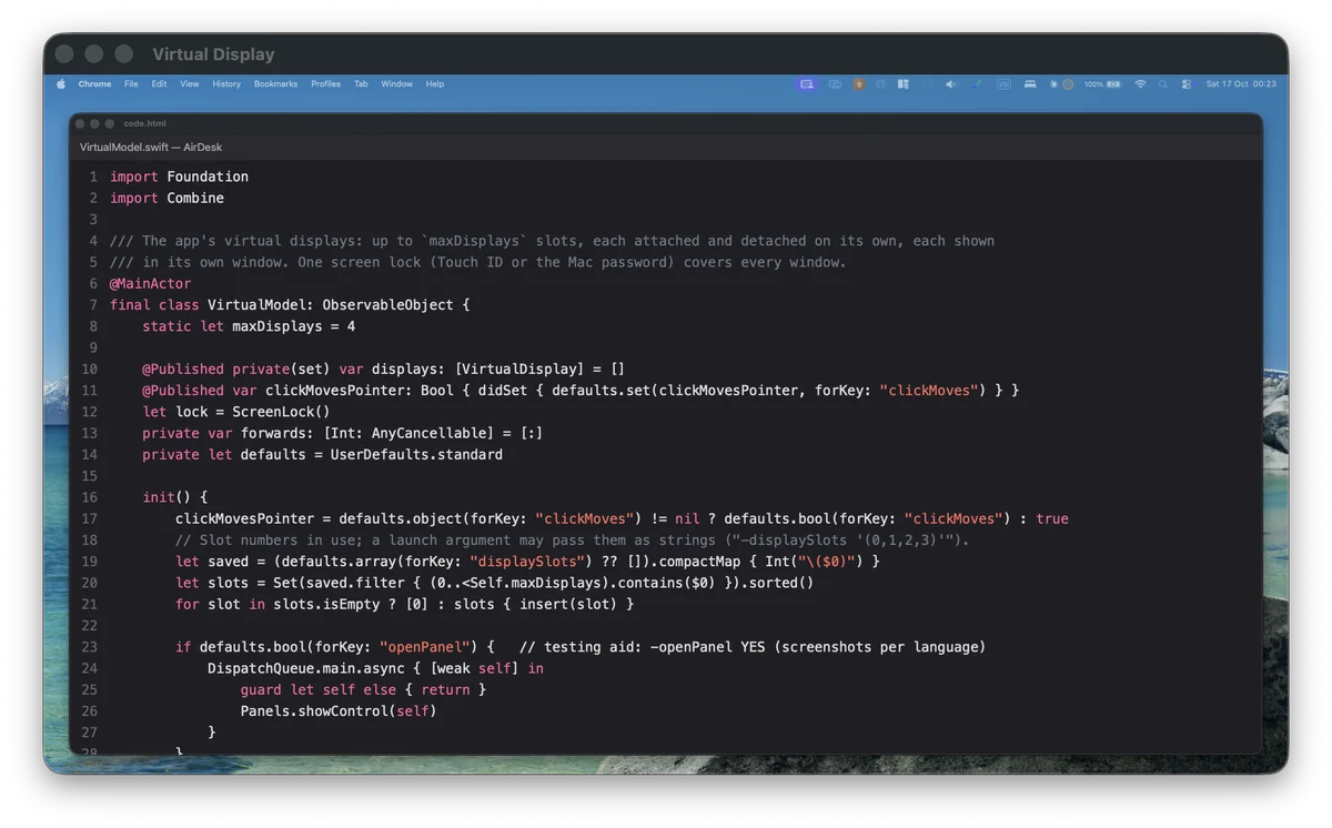 A Virtual Display window showing Xcode on an extra display