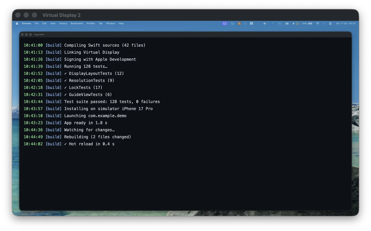 A second virtual display window showing a build log
